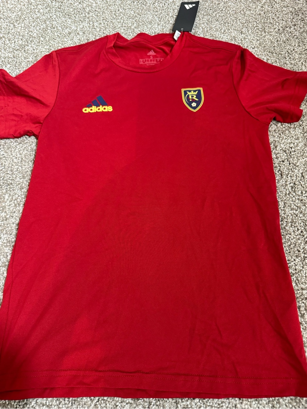 adidas Red Short Sleeve Soccer Tee with Yellow Logo